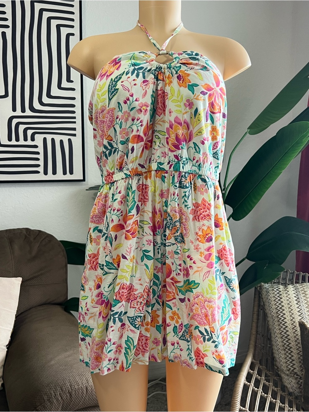 Floral Halter Romper in White with Floral Print Large L